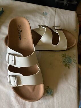 Forever  White Double-Buckle Slide Sandals for Women